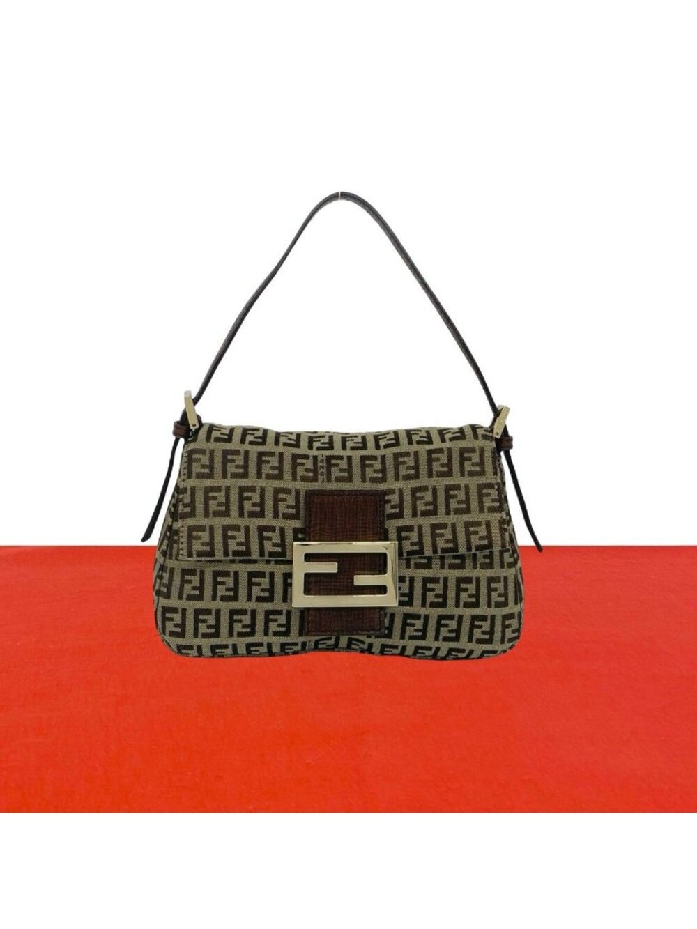 Fendi Vintage Zucchino FF Pattern Logo Canvas Leather Mini Handbag Brown